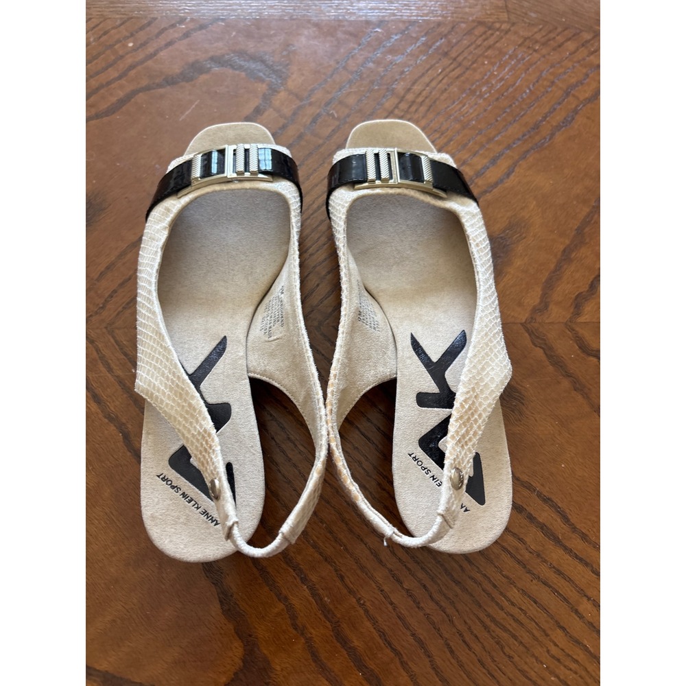 Anne Klein Sport AKHooked Cream Black Slingback Wedge Sandals Womens 9M 1751